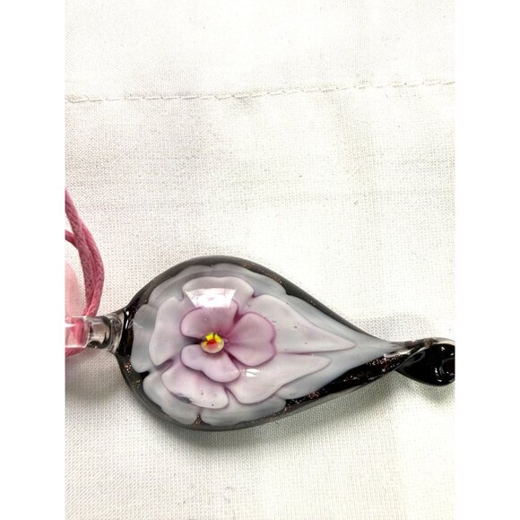 Murano Style Glass Flower Necklace & Earrings Set – Pink Ribbon Cord – Fashion J - Picture 6 of 16